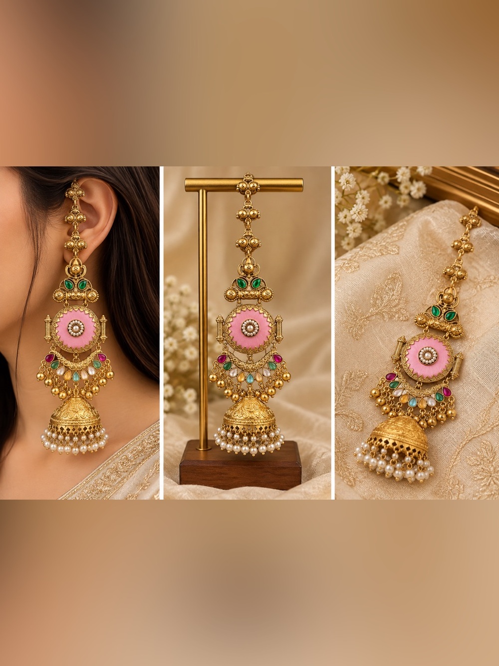 Gold-Tone Pink Jhumka Earrings with Multicolor Accents